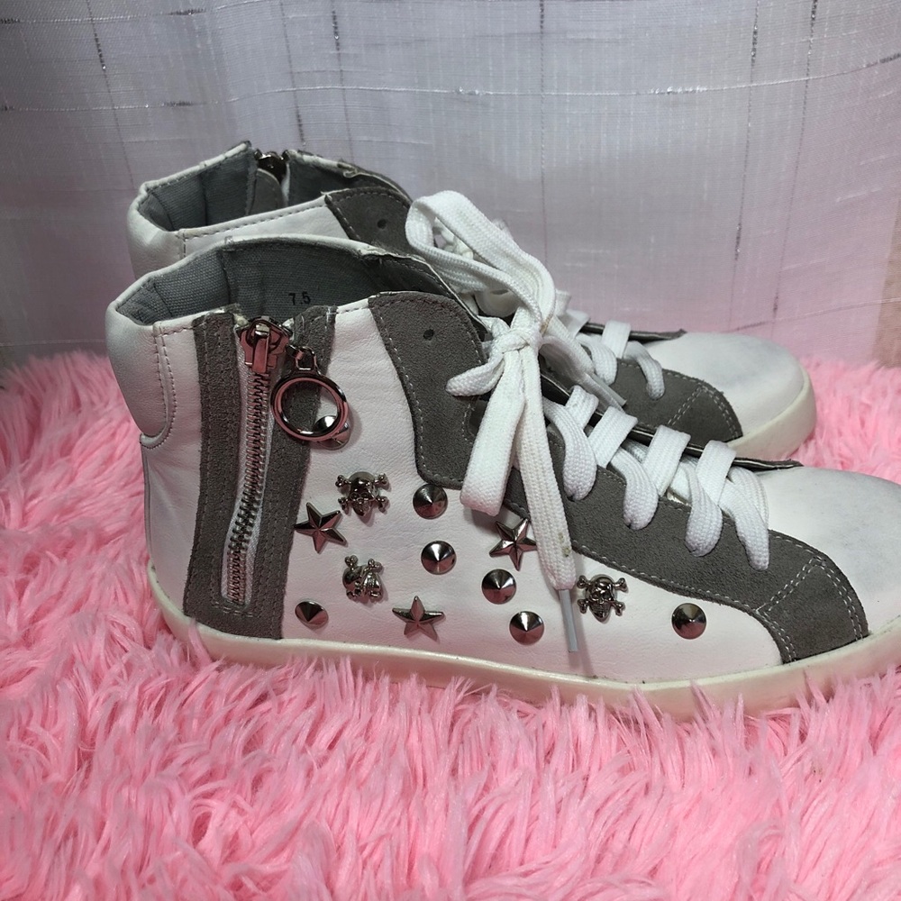 Vans Rebels Heart Sk8 Hi Zip White And Silver Hi Top Kids Girl's Size 7.5 Shoes